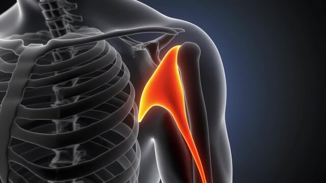 Anatomical 3D Rendering of the Human Humerus Bone Highlighted in Red.