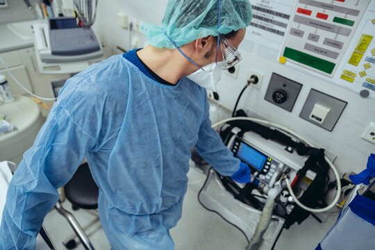 Doctor in emergency room of a hospital with respiratory equipment