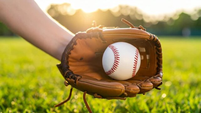 Close up of a leather baseball glove catching a white ball on a green grass field during golden hour sunset