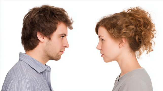 Two partners in a couple sit in silence with tension and distance in their relationship after an unresolved conflict, estrangement and sadness