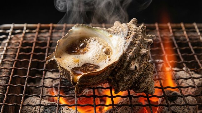 A photo material of a dish that captures a pot-grilled sazae grilled over a charcoal fire/炭火で焼けるさざえの壺焼きを写した料理写真素材