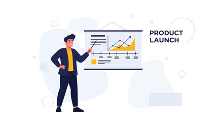 Obraz premium Man presenting product launch strategy with growth chart on whiteboard