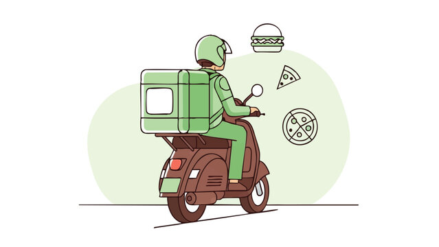 Un ilustrador vectorial de un chico de reparto sonriente con un paquete en mano, listo para entregar en un entorno urbano soleado, perfecto para conceptos de log&iacute;stica y entrega.