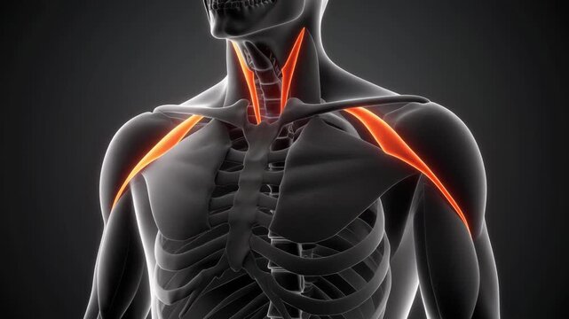 Anatomical illustration of human trapezius and sternocleidomastoid muscles highlighted in red.