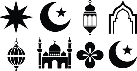 Obraz premium Islamic symbol silhouette collection with crescent moon, star, mosque, lantern and arch icons isolated on white background for Ramadan design