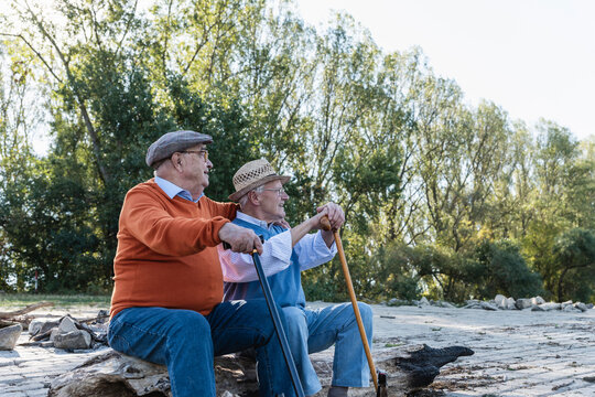 Two old friends sitting on a tree trunk by the riverside, sharing memories