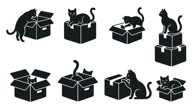 Playful feline friends exploring cardboard boxes, a delightful graphic collection of curious cat silhouettes engaging in various fun and hiding activities
