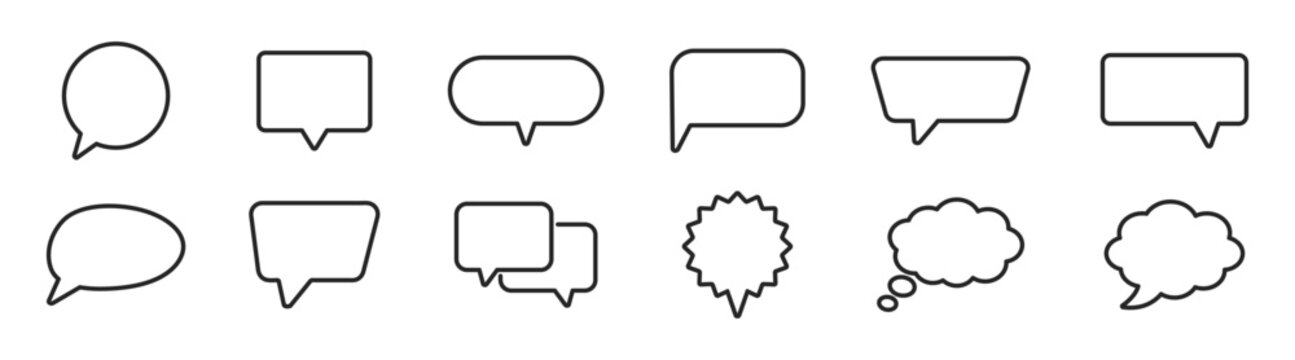Speech bubble outline icons vector set, chat comment message balloons and dialog communication symbols collection isolated on transparent background