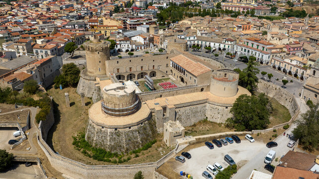 Aerial view on the Aragonese Castle of Venosa, a small town in province of Potenza, Basilicata, Italy. It's a a majestic medieval fortification with circular towers and stone fortifications.