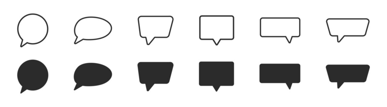 Speech bubble icons vector set, chat comment message balloons in outline and solid style, dialog communication symbols collection isolated on transparent background