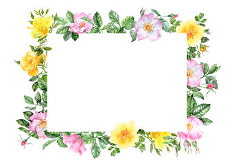 Obraz premium Rectangular banner with pink and yellow rosehip flowers all around