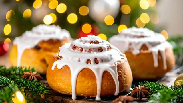 Freshly baked cinnamon rolls with thick white icing glaze on a cooling rack with festive Christmas lights bokeh background