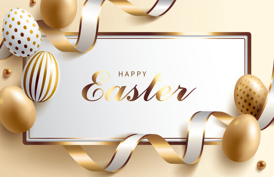 Happy Easter card with Easter eggs and ribbons.