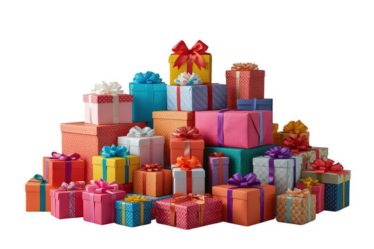 Stack of numerous colorful gifts and presents with bows, ribbons, and wrapping paper for celebrating holidays or birthdays