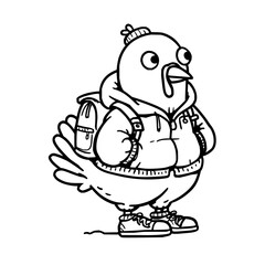 Obraz premium Cartoon chicken wearing backpack and sneakers standing confidently with a bottle dressed in a hoodie and beanie on a plain white background