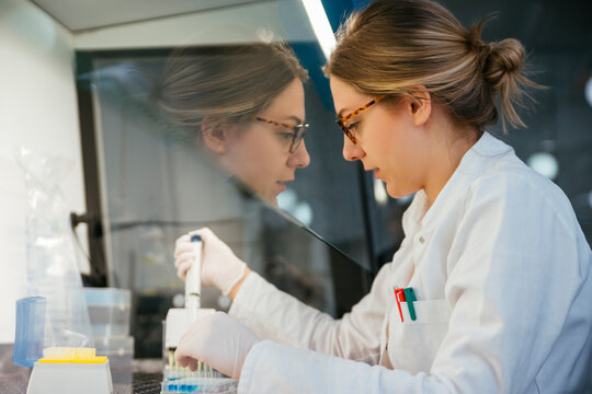 Laboratory technician pipetting in lab