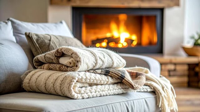 Stacked cable knit wool blankets on a sofa in a cozy living room with a warm burning fireplace