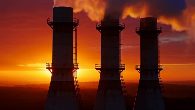 Power Plant Emits Dark Smoke. Vivid Scene Of Industrial Pollution Against Colorful Sunset Sky