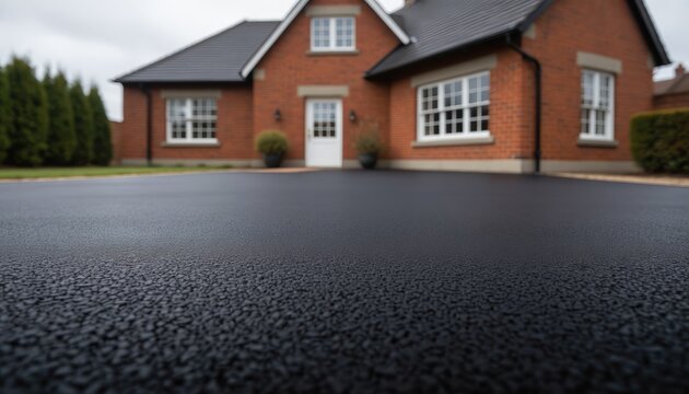 Freshly laid asphalt driveway in front of a modern brick house.