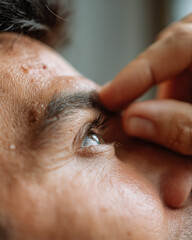 Naklejka premium Close up profile of person applying eye drops for glaucoma treatment, showing careful hand positioning and focus on eye health, with natural skin texture and soft lighting