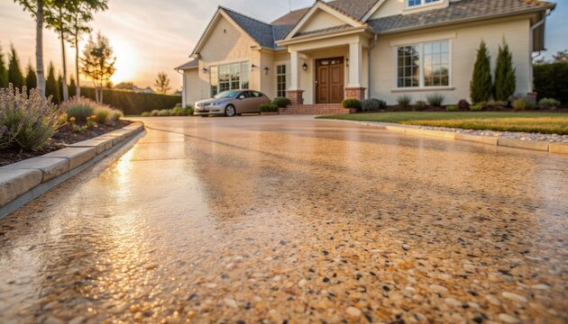 Modern Suburban House with Exposed Aggregate Driveway at Sunset.