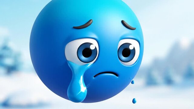Sad Blue Smiley Emoji Face in Winter Landscape