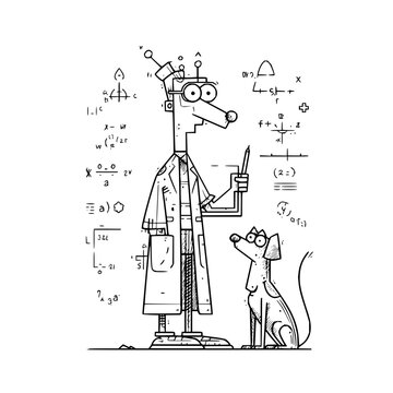 Cartoon dog scientist with dog solving math equations on white background