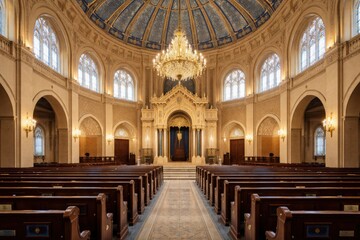 Fototapeta premium Elegant synagogue interior with wooden pews grand chandelier and ornate ark creating serene atmosphere for prayer and worship.