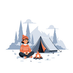 Fototapeta premium Cozy Winter Camping: Girl by Campfire with Tent and Snowy Mountains