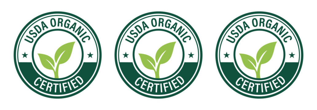 USDA Organic Certified Round Badge Set with Leaf Icons for Sustainable Farming Validation, Natural Food Products, and Environmentally Conscious Branding