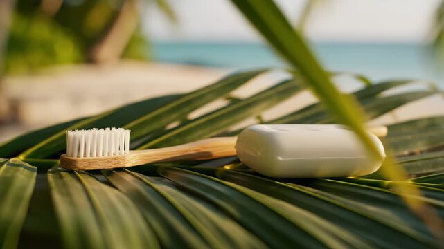 Set against the backdrop of a tranquil beach at sunset, a bamboo toothbrush and eco-friendly soap sit gracefully on vibrant green leaves, embodying a harmonious blend of nature and wellness.