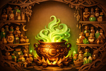 Obraz premium Witch Potion Cauldron Apothecary Halloween 3D Paper Cut