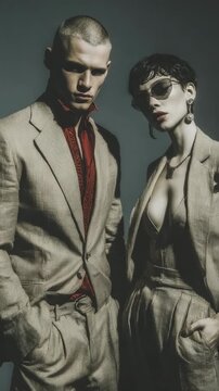 Fashion models pose in stylish outfits in a studio setting during a photoshoot in the evening