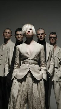 Group of models posing in fashion outfits during a photoshoot at a studio in a modern style setting