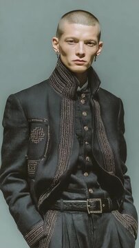 Fashion model showcases dark clothing with unique design details in a studio setting during a photoshoot