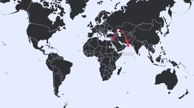 Global interactive map animation visualizing an important red trajectory originating in Iran and precisely charting a curved path directly towards the city of Dubai, representing connection or flow 