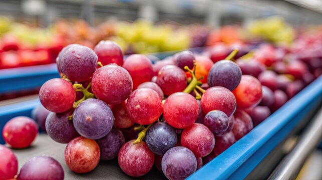 Freshly harvested grapes on conveyor belt with vibrant colors in a fruit processing facility