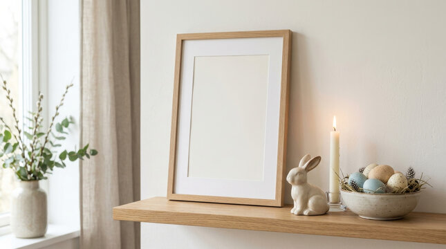 Blank framed print mockup on wooden shelf with decorative rabbit figurine, candle, and bowl of colored eggs, surrounded by greenery and natural light