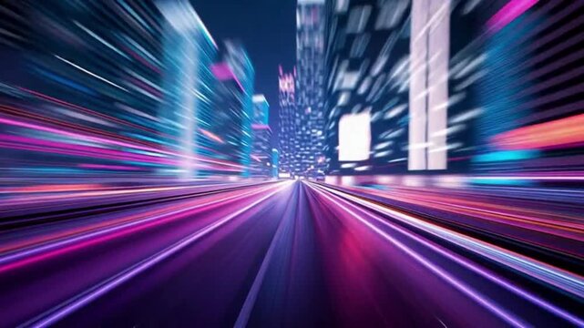 ネオン都市を高速で駆け抜けるライトトレイル・サイバーシティ未来背景動画素材