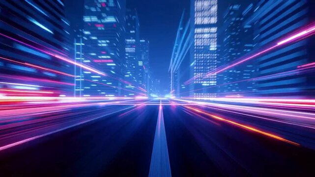 ネオン都市を高速で駆け抜けるライトトレイル・サイバーシティ未来背景動画素材