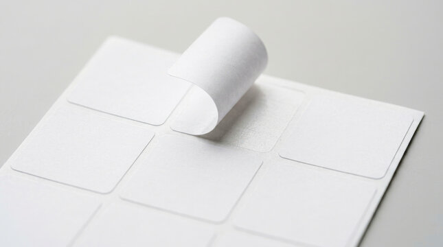 Blank sticker sheet mockup with one label partially peeled back, showcasing a clean design suitable for customization and printing in a minimalistic setting