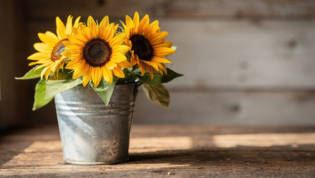 Sunflowers in a metal bucket placed indoors on the wooden table near a rustic background