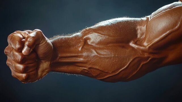 Close up of a bodybuilder's powerful arm flexing with prominent veins on a dark background