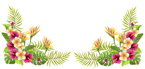 Tropical frame. Hand drawn watercolor painting with Hibiscus flowers and palm leaves. Tropics summer border composition.  Floral  ornament. © Marisha
