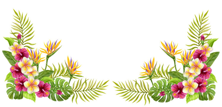 Tropical frame. Hand drawn watercolor painting with Hibiscus flowers and palm leaves. Tropics summer border composition.  Floral  ornament.