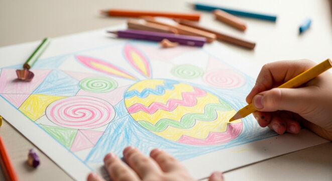 Child's hand coloring a vibrant Easter egg illustration with colored pencils on a white sheet of paper surrounded by various art supplies on a light surface