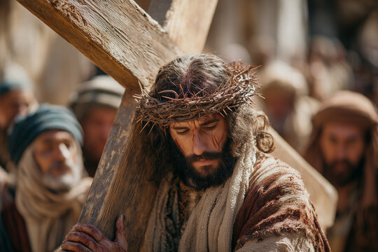 Jesus Christ Carrying the Cross through the crowded streets of Jerusalem on the way to Golgotha
