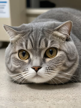 A close-up view of an anesthetized Scottish Fold cat laying on the floor, waiting for surgery at the vets office.