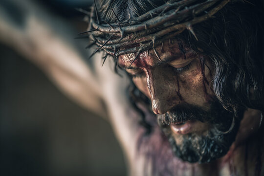 Passion of Christ enduring crown of thorns during crucifixion symbolizing suffering sacrifice redemption and deep spiritual faith