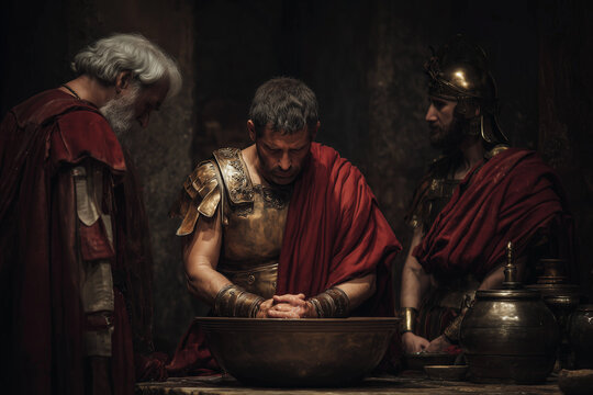Pontius Pilate washing his hands before Roman soldiers during trial of Jesus Christ symbolizing refusal of responsibility